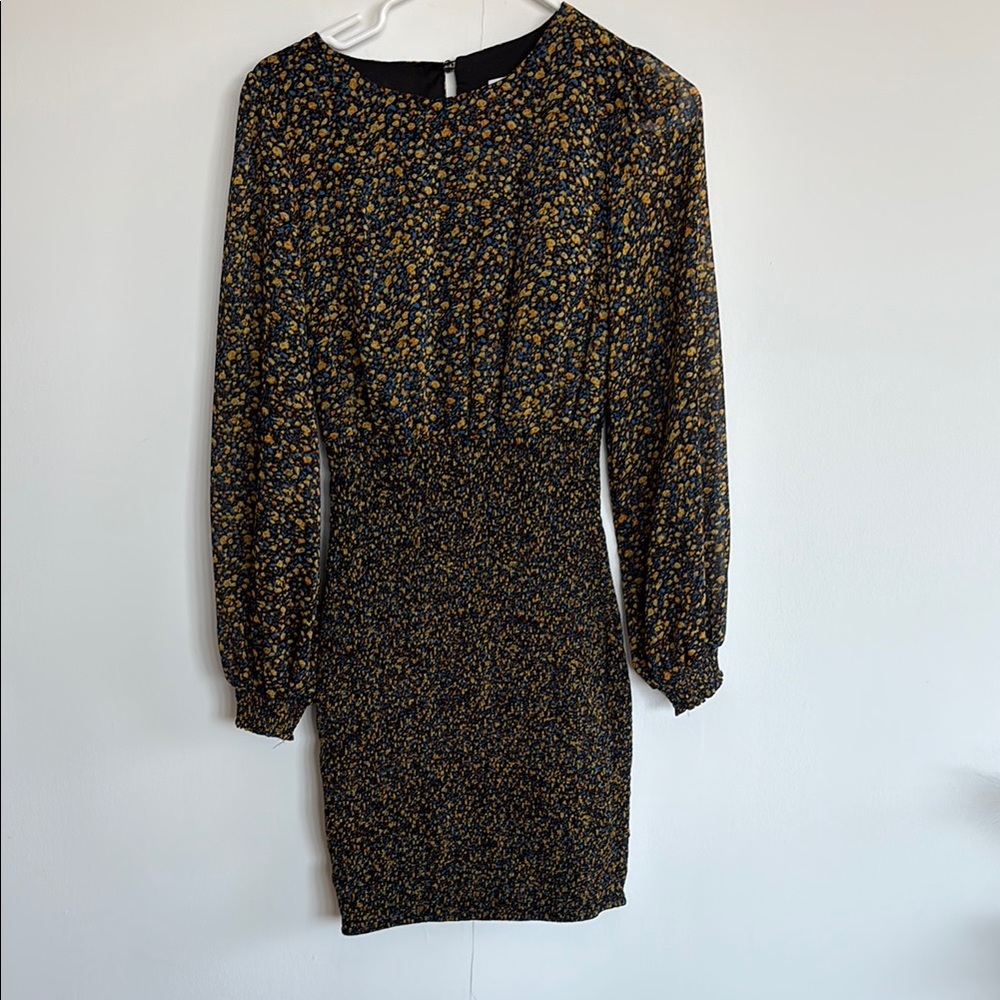 Kookai Black and Gold Bodycon Dress with Long Bishop Sleeves